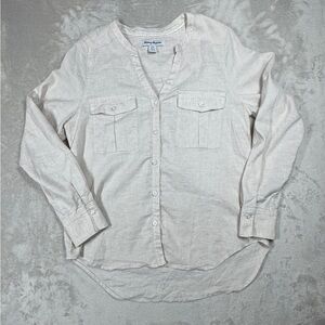 Tommy Bahama Women’s Linen Blend Cream Button Down Long Sleeve Pocket Blouse S